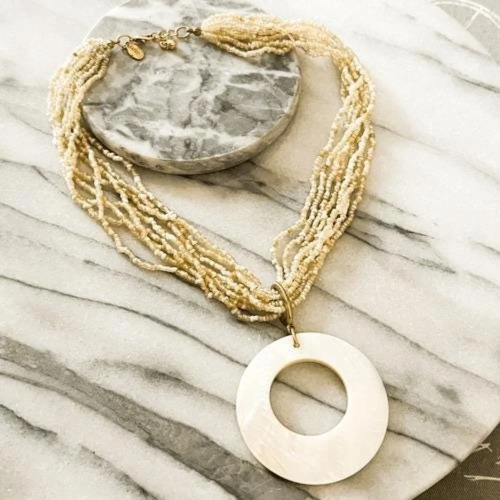 Y2K‎ Express Beaded Pendant Necklace | Cream Seed Beads + Round Medallion